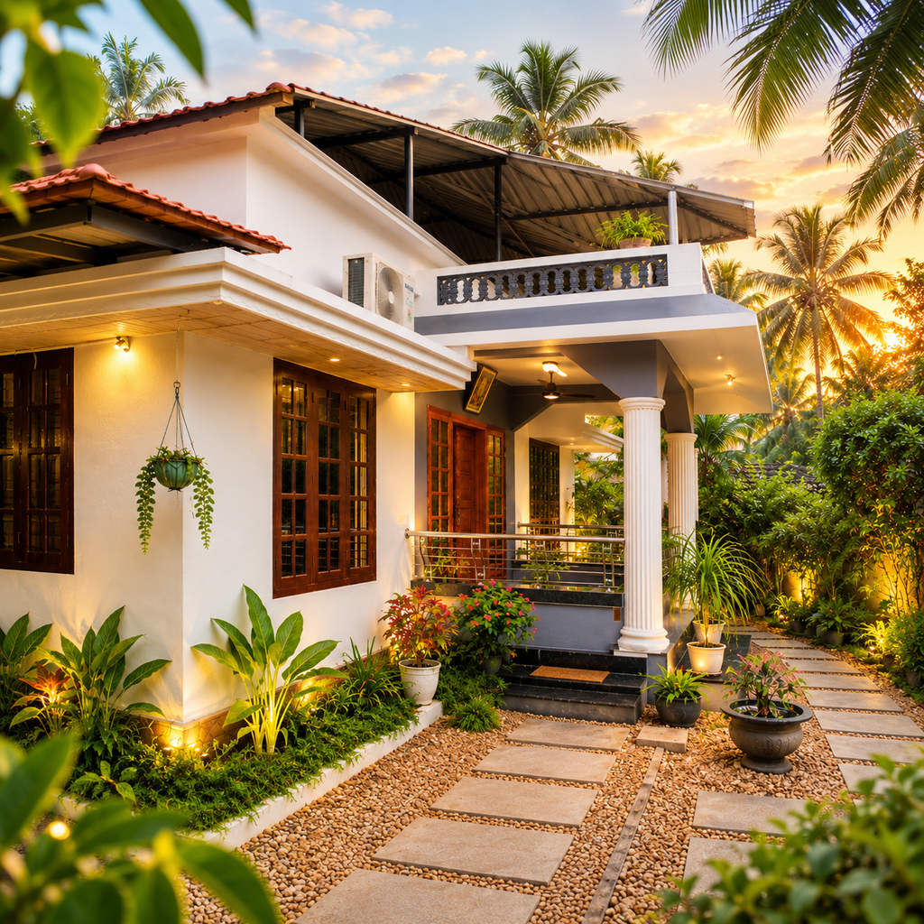 tropical house at golden hour